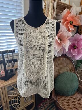 Tess Giberson Anthro Cream Crochet Knit Roll Hem Macrame Boho Hippie Y2K Tank